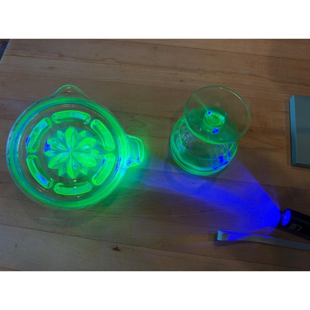 Vintage Green Uranium Glass Citrus Juicer Reamer and Footed Sherbet Cup Set UV
